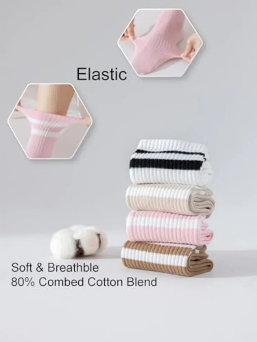 Cozy Cotton Striped Crew Socks for Women, 4 Pairs, Fits Sizes 5-10, Soft